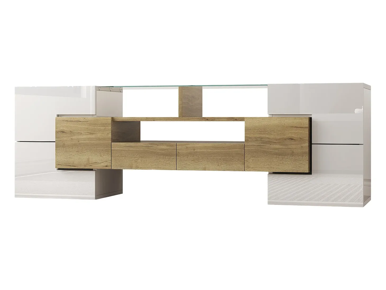 Móvel TV com 6 portas, 2 gavetas e 2 nichos, LED incluído, em laca branca brilhante e acabamento em madeira - 145x30x51cm