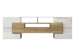 Móvel TV com 6 portas, 2 gavetas e 2 nichos, LED incluído, em laca branca brilhante e acabamento em madeira - 145x30x51cm