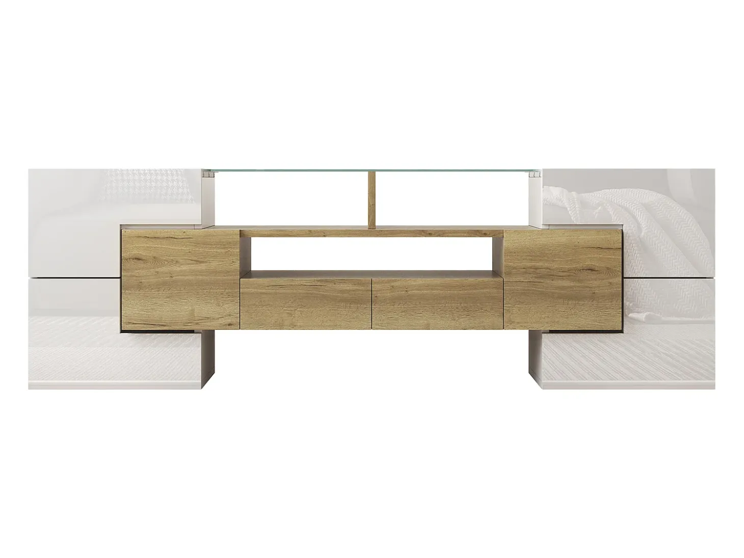 Móvel TV com 6 portas, 2 gavetas e 2 nichos, LED incluído, em laca branca brilhante e acabamento em madeira - 145x30x51cm