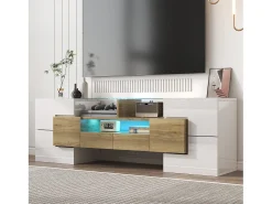 Móvel TV com 6 portas, 2 gavetas e 2 nichos, LED incluído, em laca branca brilhante e acabamento em madeira - 145x30x51cm