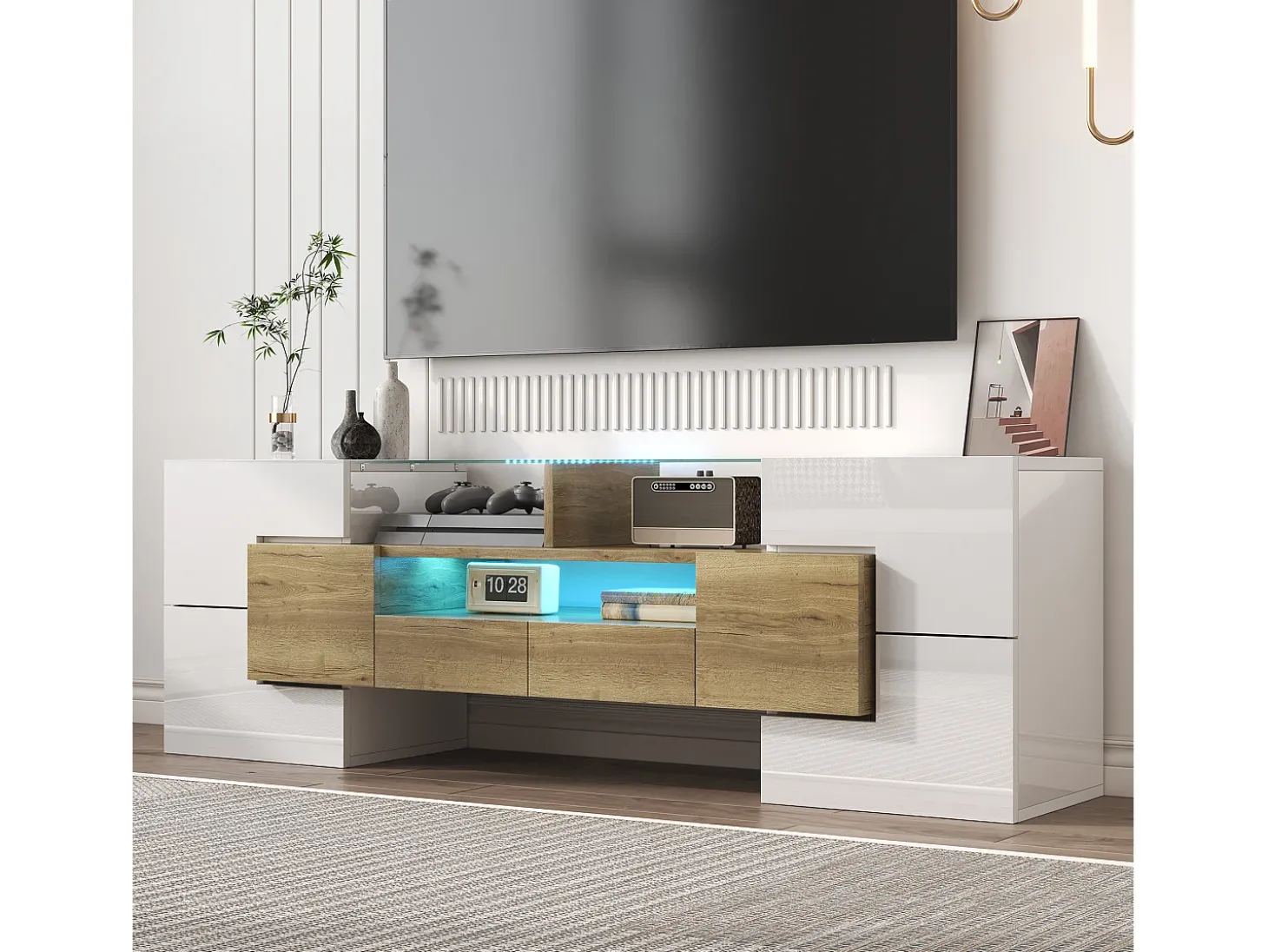 Móvel TV com 6 portas, 2 gavetas e 2 nichos, LED incluído, em laca branca brilhante e acabamento em madeira - 145x30x51cm