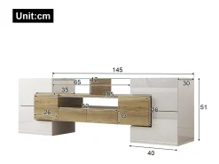 Móvel TV com 6 portas, 2 gavetas e 2 nichos, LED incluído, em laca branca brilhante e acabamento em madeira - 145x30x51cm