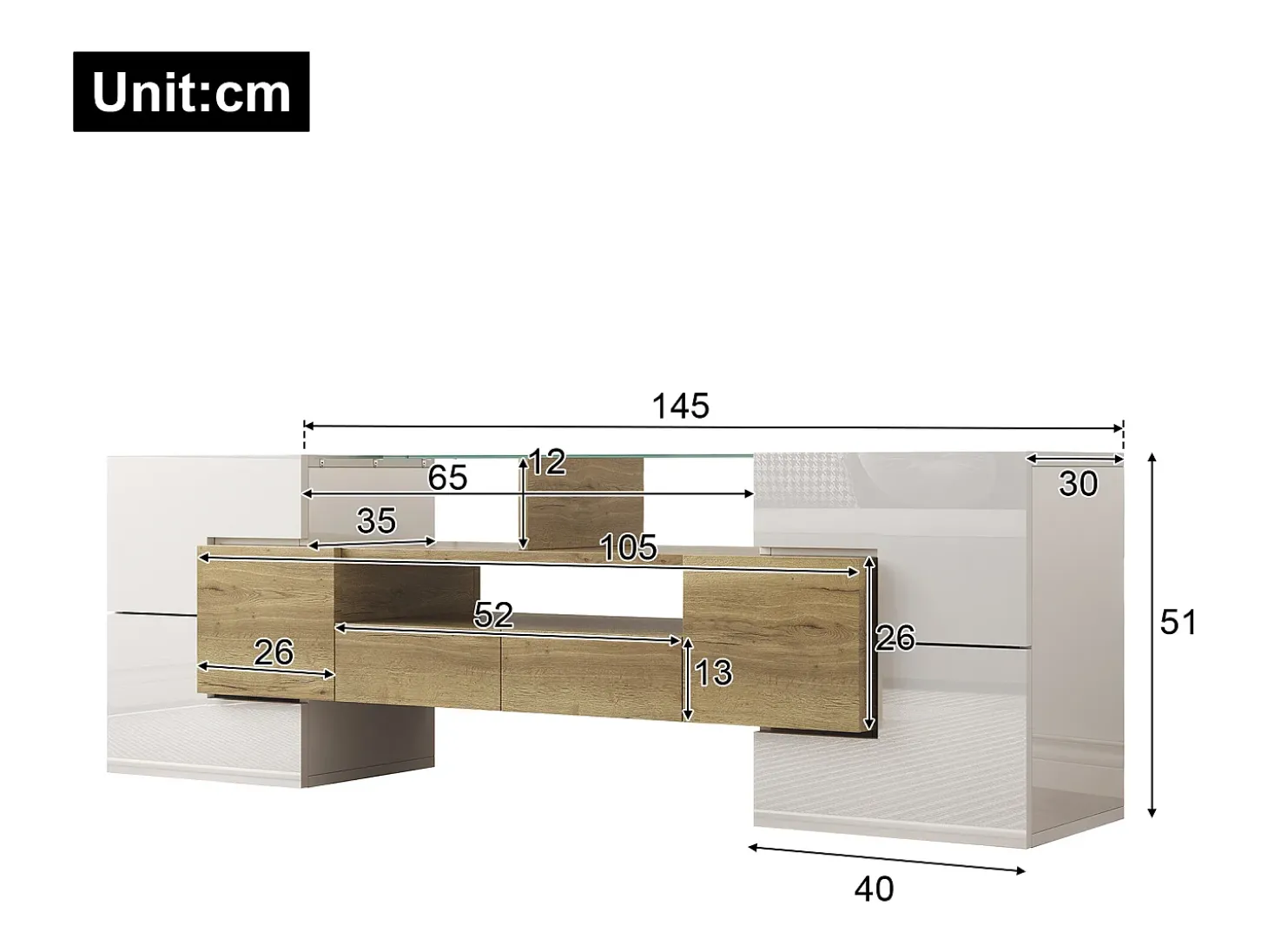 Móvel TV com 6 portas, 2 gavetas e 2 nichos, LED incluído, em laca branca brilhante e acabamento em madeira - 145x30x51cm