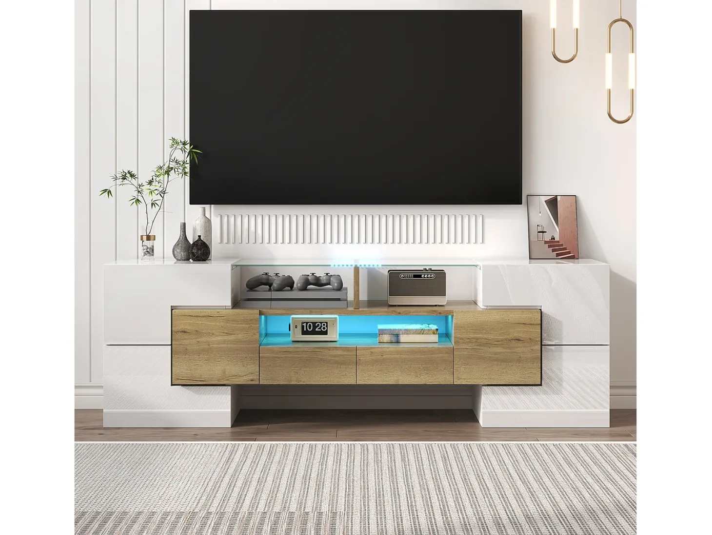 Móvel TV com 6 portas, 2 gavetas e 2 nichos, LED incluído, em laca branca brilhante e acabamento em madeira - 145x30x51cm