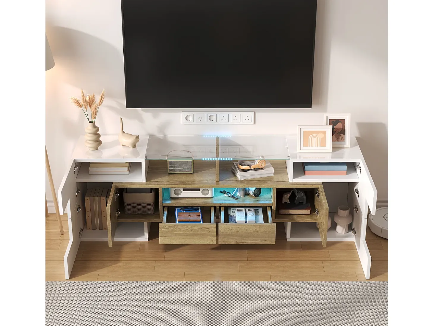 Móvel TV com 6 portas, 2 gavetas e 2 nichos, LED incluído, em laca branca brilhante e acabamento em madeira - 145x30x51cm