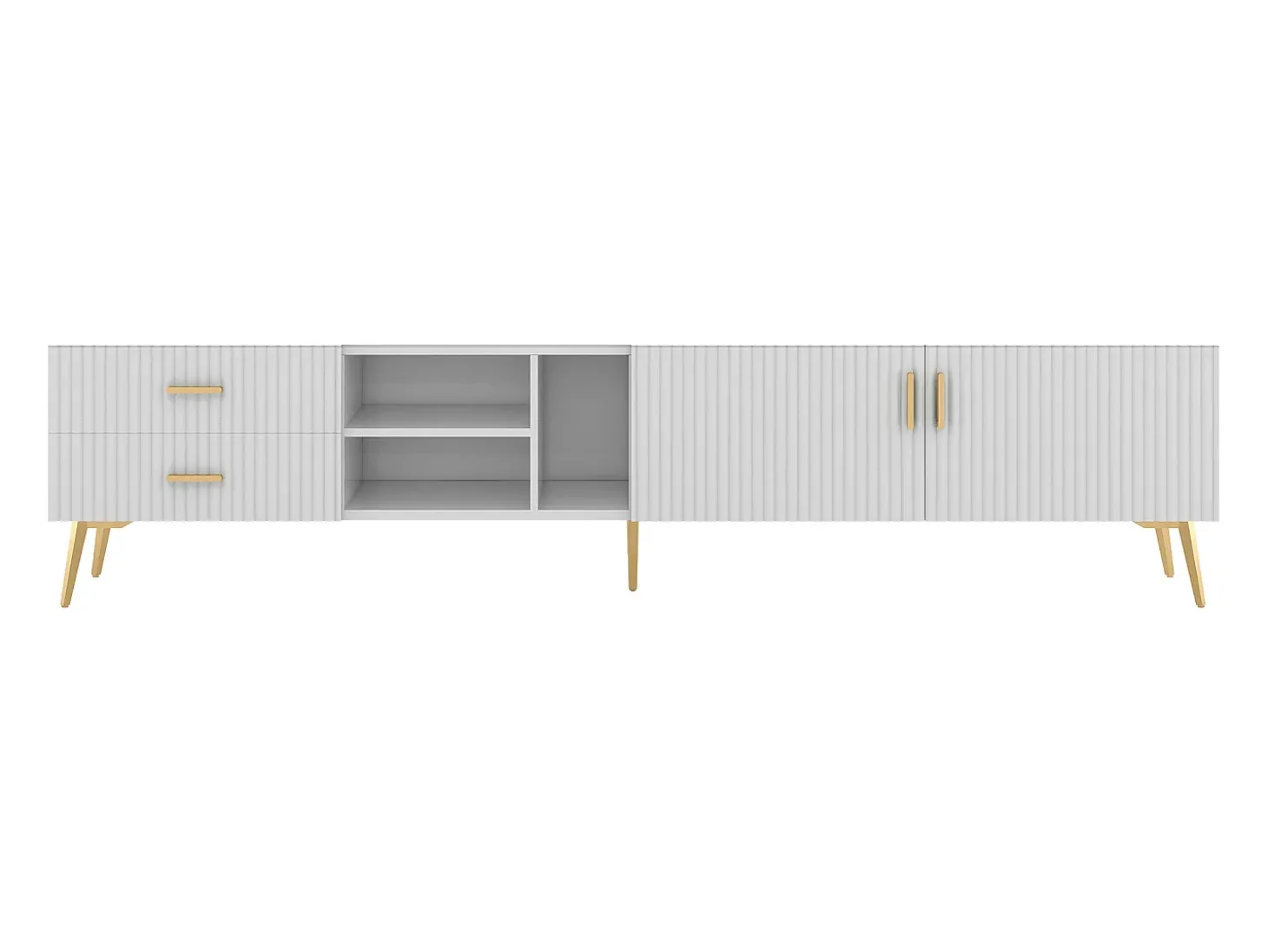 Móvel TV com 2 portas, 2 gavetas e 2 nichos - MDF - pés metálicos - branco