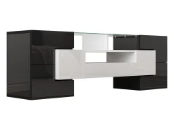 Móvel TV com 6 portas, 2 gavetas e 2 nichos, LED incluído, em laca brilhante preto e branco - 145x30x51cm