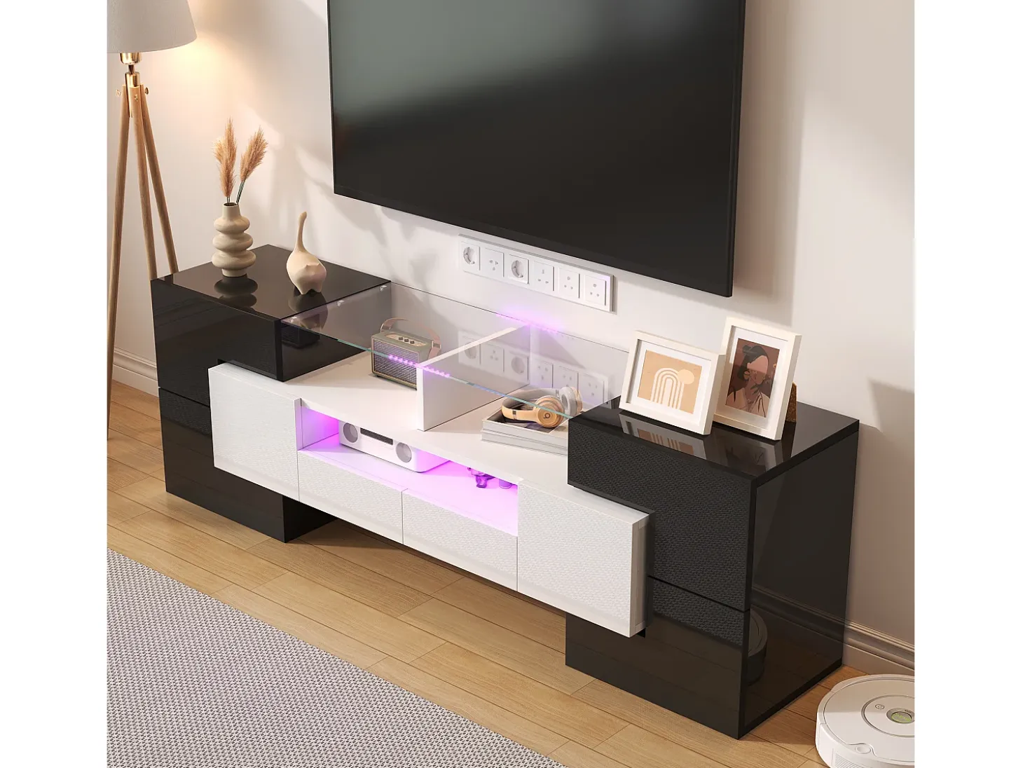 Móvel TV com 6 portas, 2 gavetas e 2 nichos, LED incluído, em laca brilhante preto e branco - 145x30x51cm