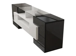 Móvel TV com 6 portas, 2 gavetas e 2 nichos, LED incluído, em laca brilhante preto e branco - 145x30x51cm