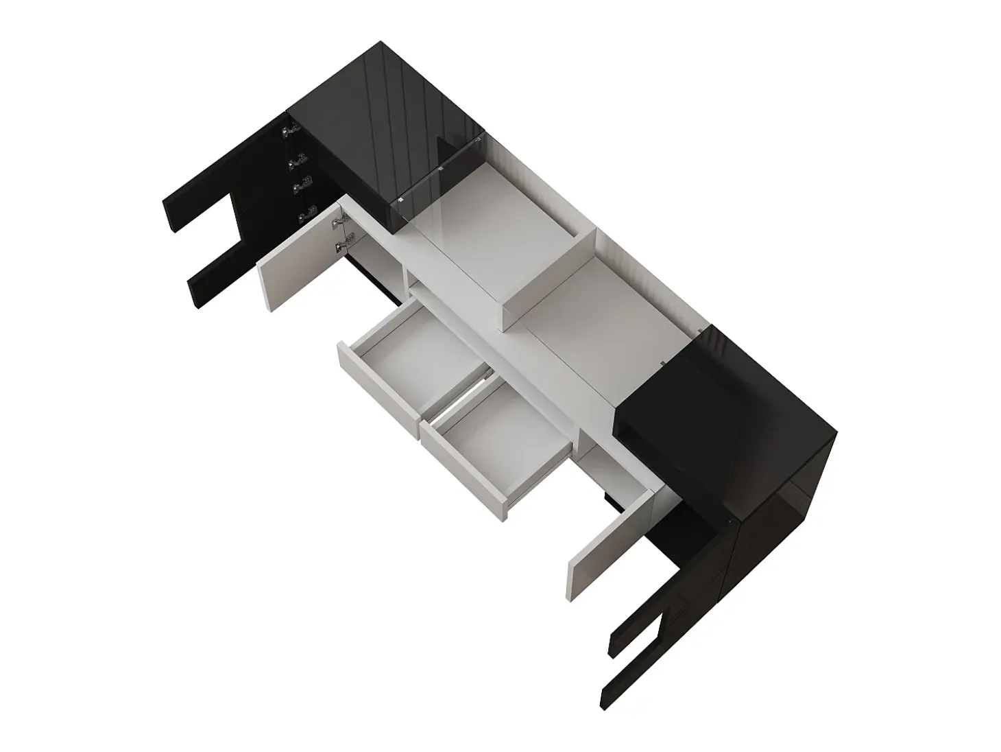 Móvel TV com 6 portas, 2 gavetas e 2 nichos, LED incluído, em laca brilhante preto e branco - 145x30x51cm