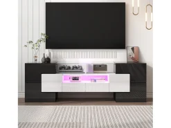 Móvel TV com 6 portas, 2 gavetas e 2 nichos, LED incluído, em laca brilhante preto e branco - 145x30x51cm