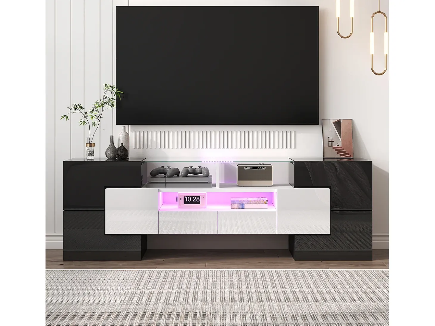 Móvel TV com 6 portas, 2 gavetas e 2 nichos, LED incluído, em laca brilhante preto e branco - 145x30x51cm