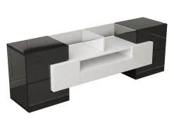 Móvel TV com 6 portas, 2 gavetas e 2 nichos, LED incluído, em laca brilhante preto e branco - 145x30x51cm