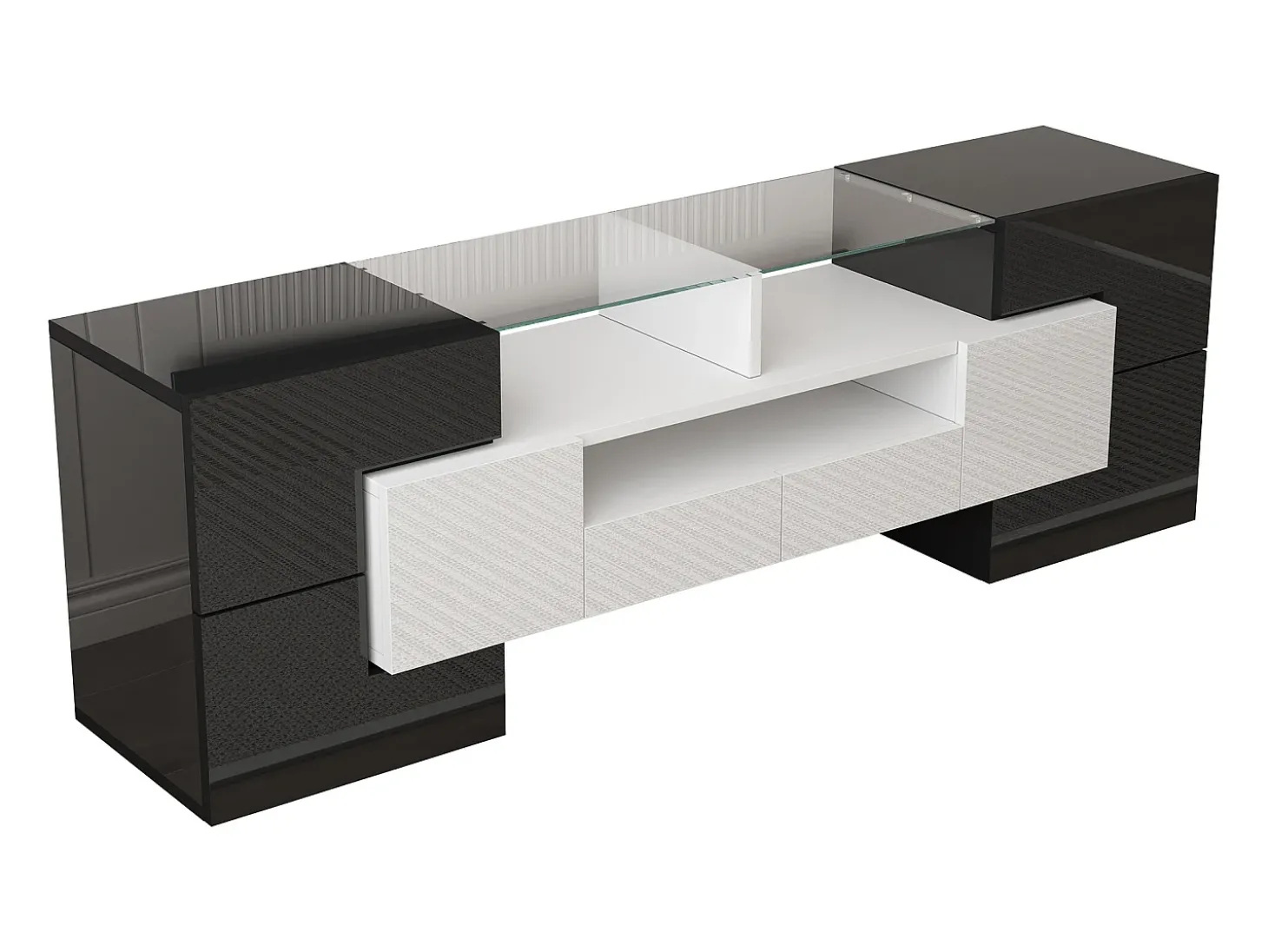 Móvel TV com 6 portas, 2 gavetas e 2 nichos, LED incluído, em laca brilhante preto e branco - 145x30x51cm