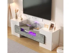 Móvel TV com 6 portas, 2 gavetas e 2 nichos, LED incluído, em laca branca brilhante e acabamento concreto cinza - 145x30x51cm