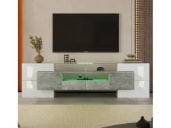 Móvel TV com 6 portas, 2 gavetas e 3 nichos com LED, lacado a branco e folheado a mármore cinza