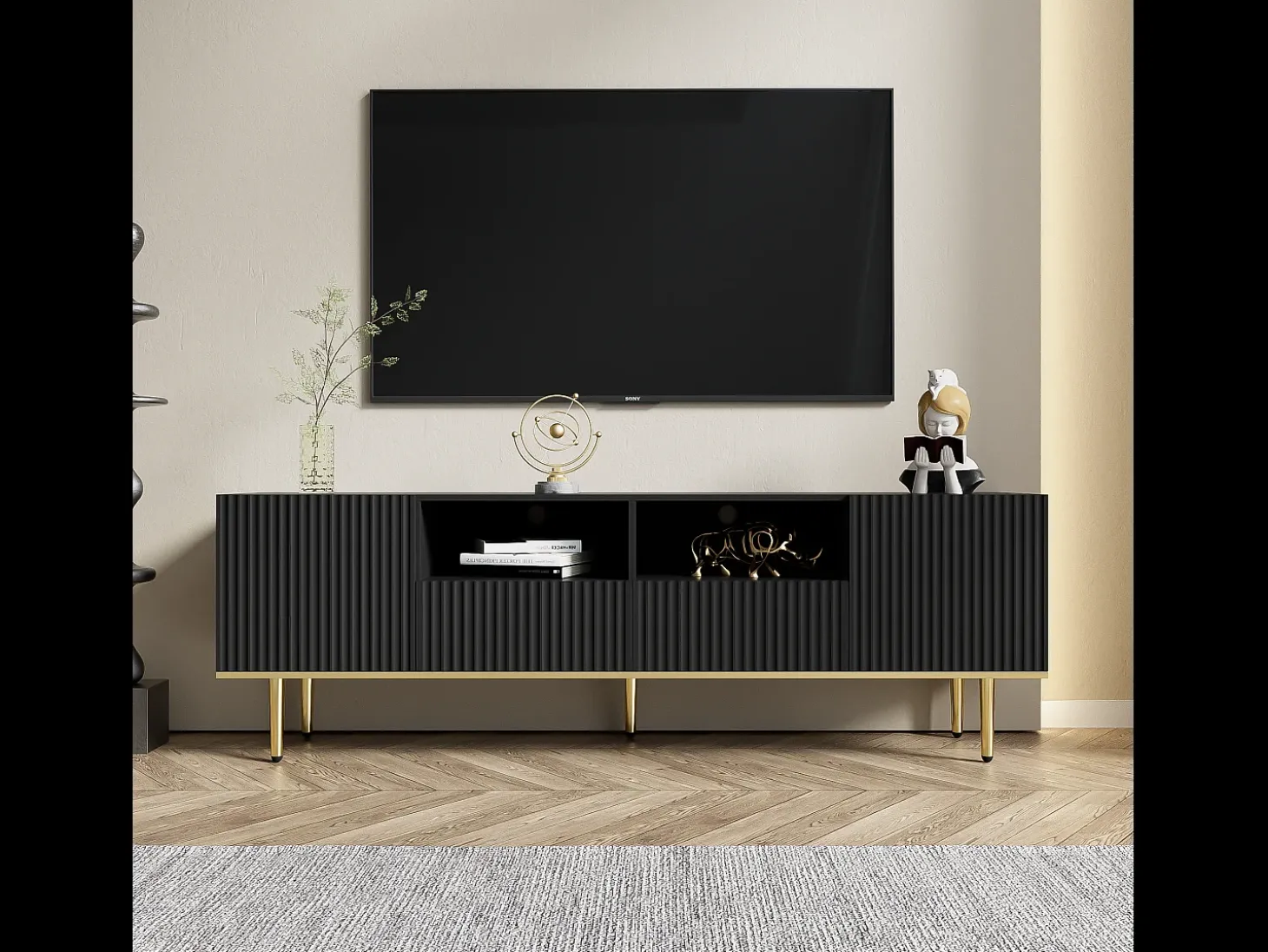 Móvel TV com 2 portas, 2 gavetas e 2 nichos - 165x36x55cm - Aglomerado e pés dourados - Preto