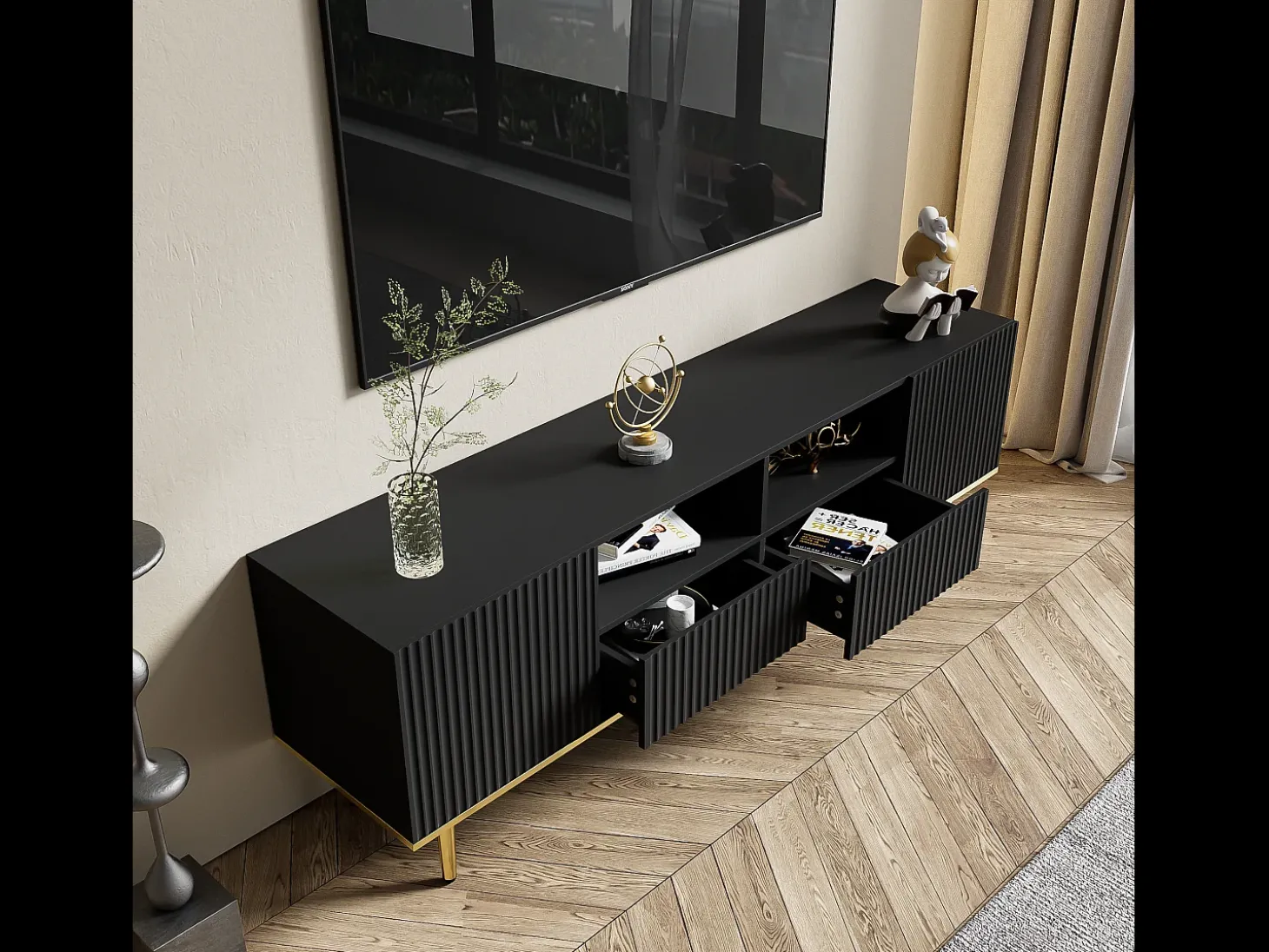 Móvel TV com 2 portas, 2 gavetas e 2 nichos - 165x36x55cm - Aglomerado e pés dourados - Preto