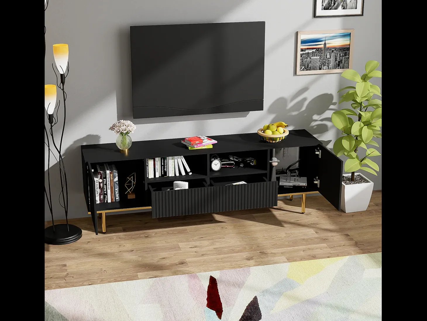 Móvel TV com 2 portas, 2 gavetas e 2 nichos - 165x36x55cm - Aglomerado e pés dourados - Preto