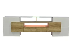 Móvel TV com 6 portas, 2 gavetas e 3 nichos com LED, branco brilhante e luz natural
