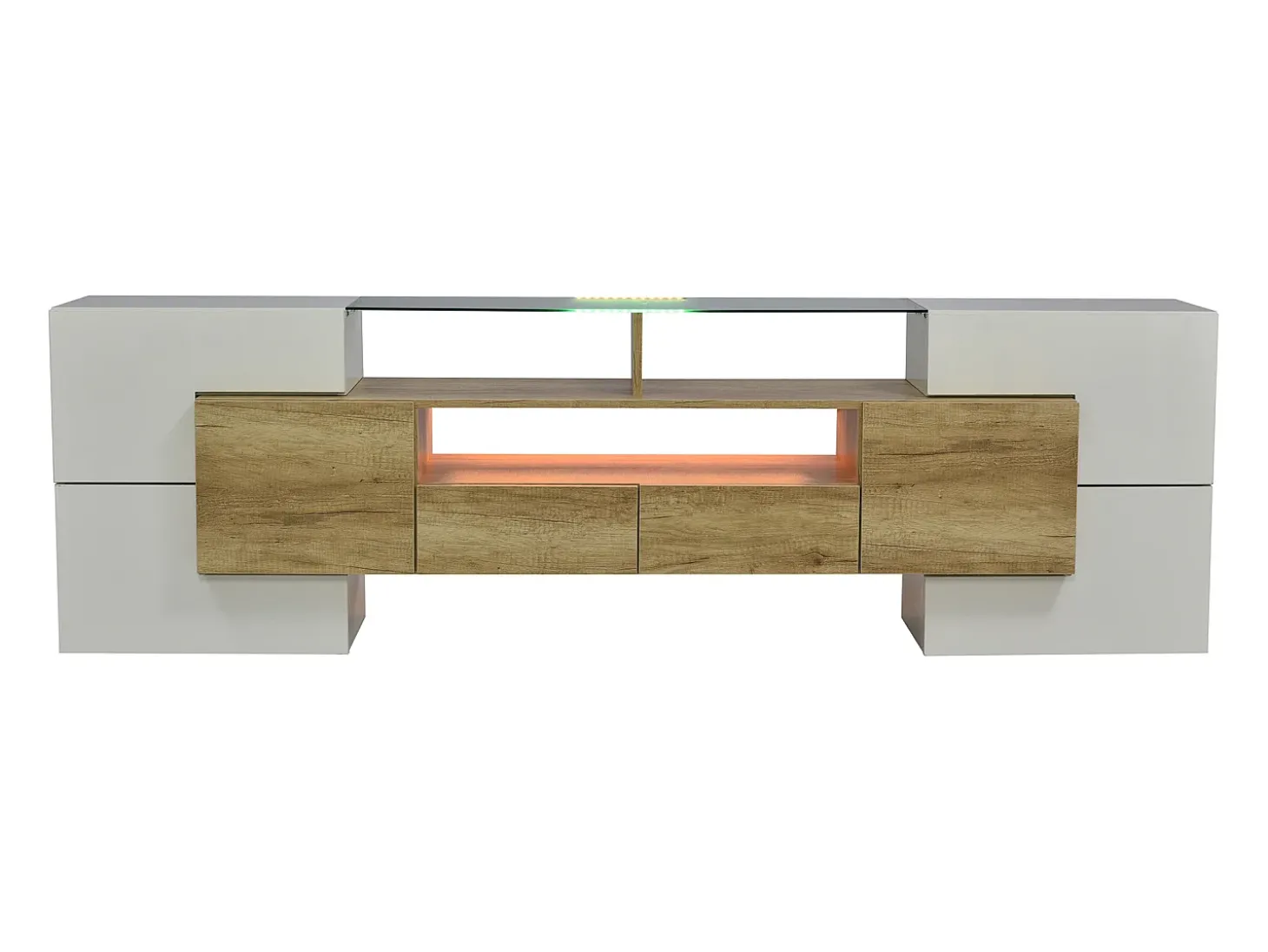 Móvel TV com 6 portas, 2 gavetas e 3 nichos com LED, branco brilhante e luz natural
