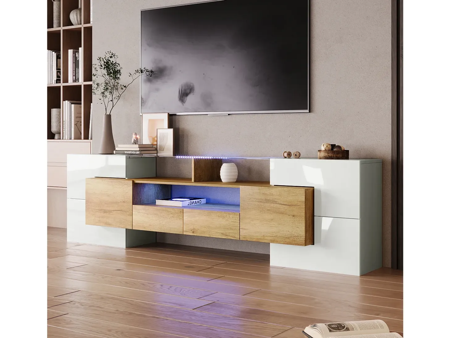 Móvel TV com 6 portas, 2 gavetas e 3 nichos com LED, branco brilhante e luz natural