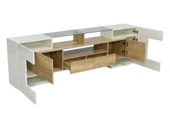 Móvel TV com 6 portas, 2 gavetas e 3 nichos com LED, branco brilhante e luz natural