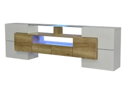 Móvel TV com 6 portas, 2 gavetas e 3 nichos com LED, branco brilhante e luz natural