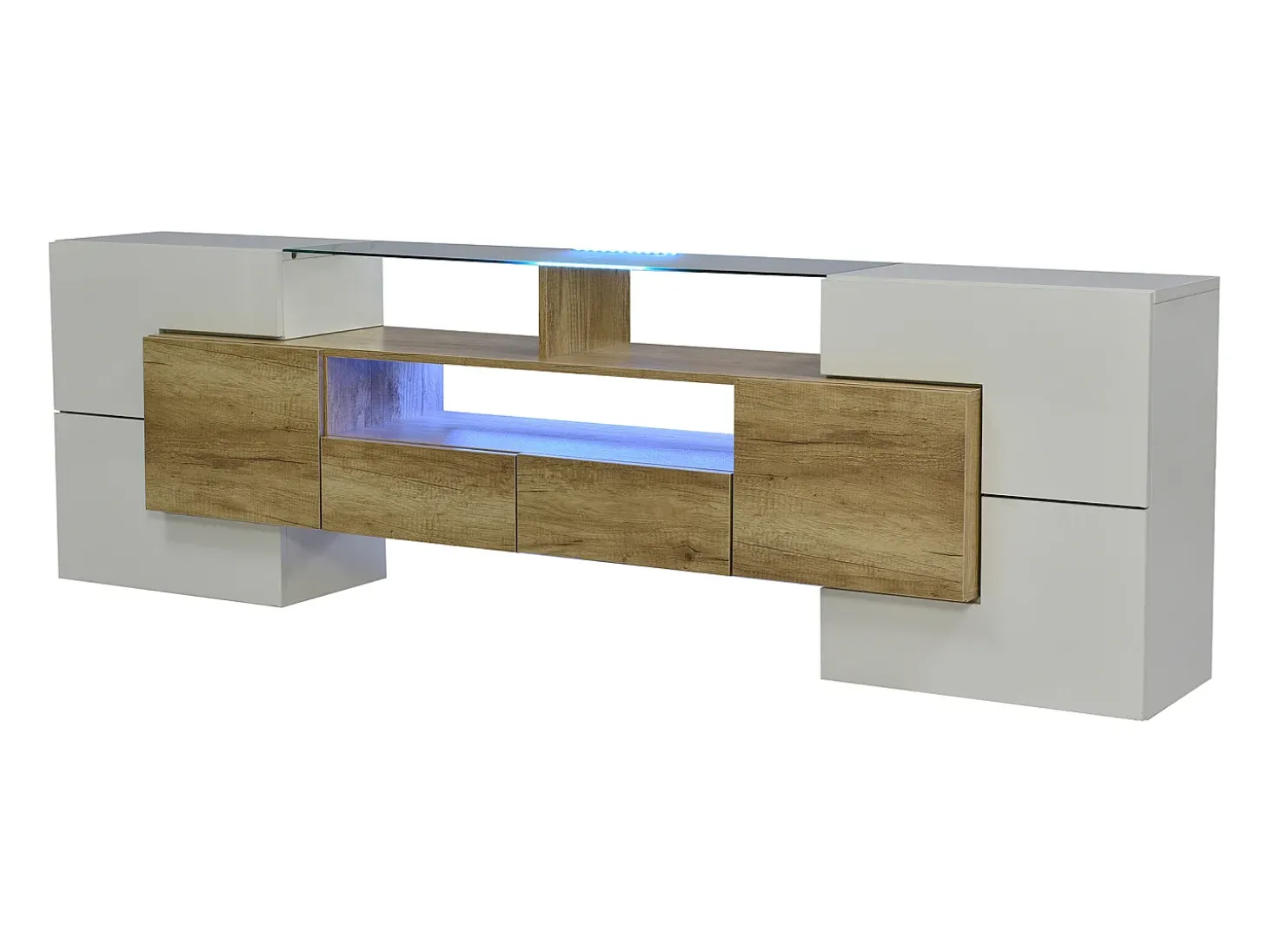 Móvel TV com 6 portas, 2 gavetas e 3 nichos com LED, branco brilhante e luz natural