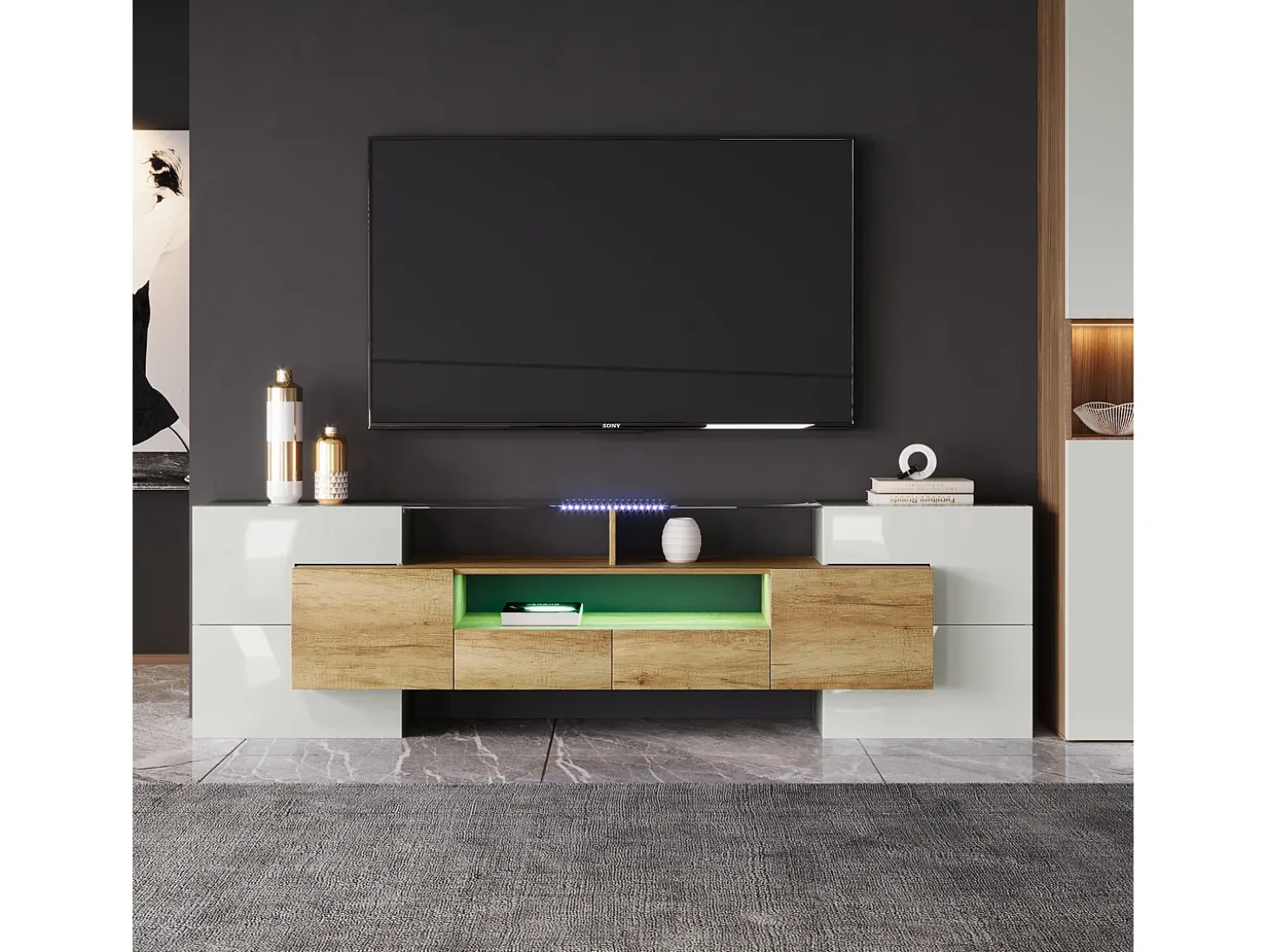Móvel TV com 6 portas, 2 gavetas e 3 nichos com LED, branco brilhante e luz natural