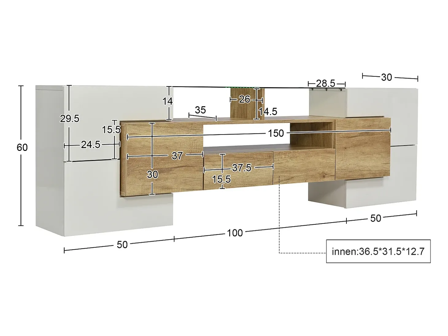Móvel TV com 6 portas, 2 gavetas e 3 nichos com LED, branco brilhante e luz natural