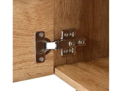 Móvel TV com 3 portas, 2 nichos e LED, corpo em madeira natural clara, pés pretos