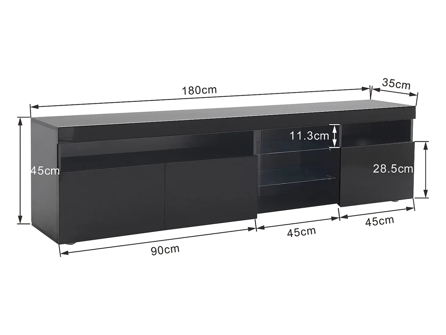 Móvel TV com 3 portas, 5 nichos e LED, preto