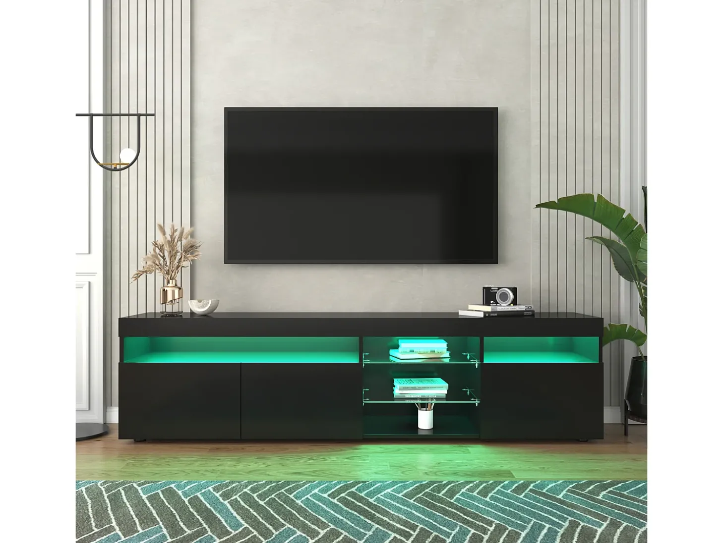 Móvel TV com 3 portas, 5 nichos e LED, preto