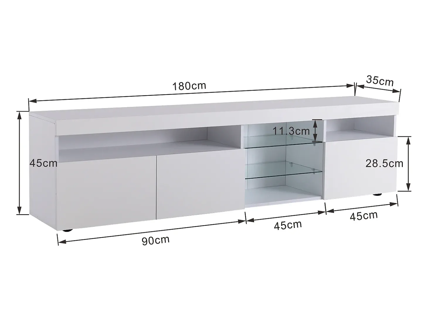 Móvel TV com 3 portas, 5 nichos e LED, branco