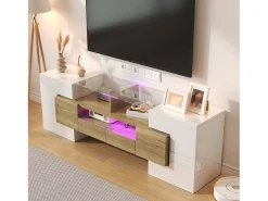 Móvel TV com 4 portas e 2 gavetas - 145 x 30 x 51 cm - LEDs - Aglomerado - Branco+Ouro