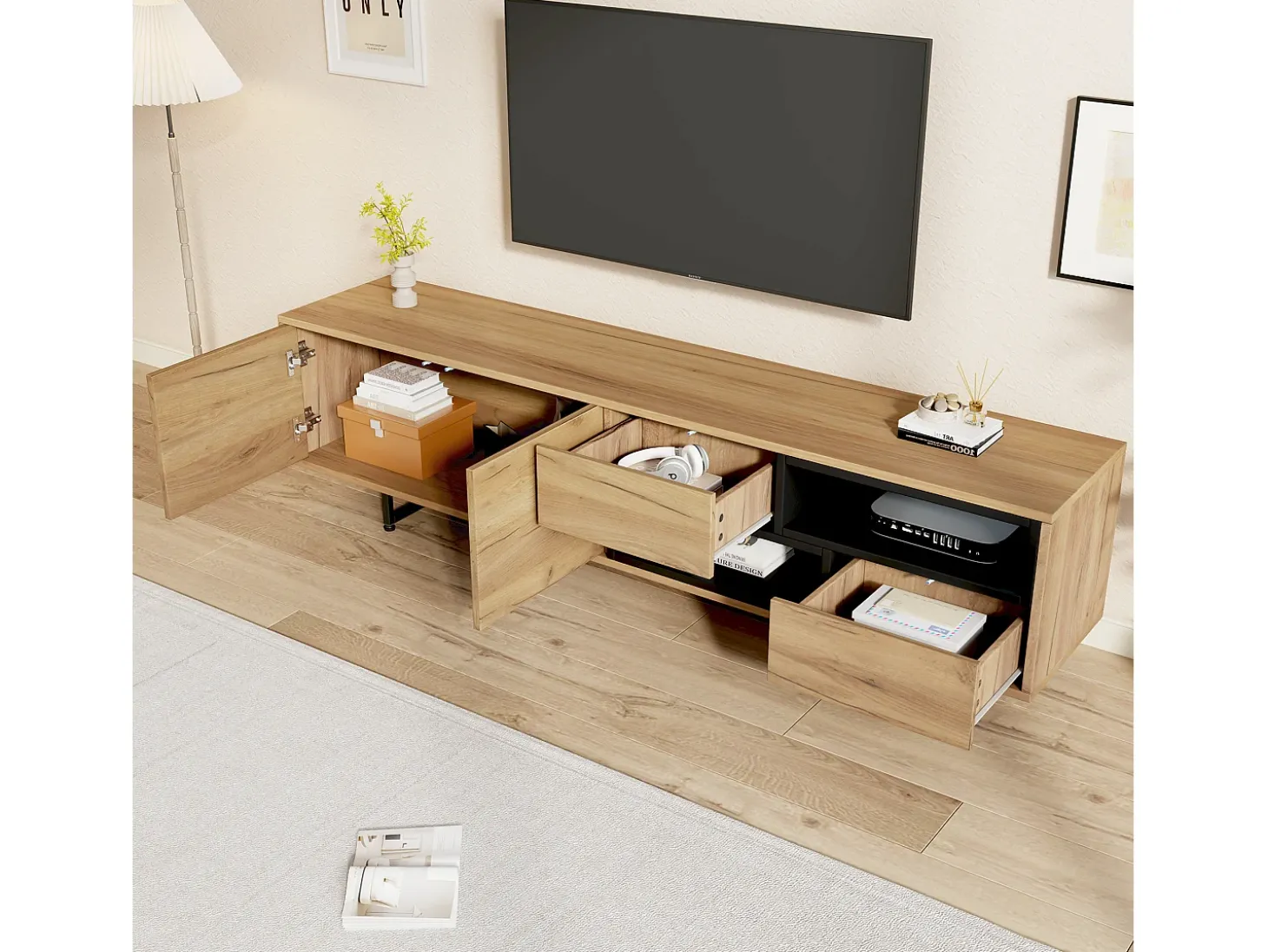 Móvel TV com 2 portas e 2 gavetas - 173 x 38 x 48 cm - Aglomerado - para sala de jantar - Cor madeira