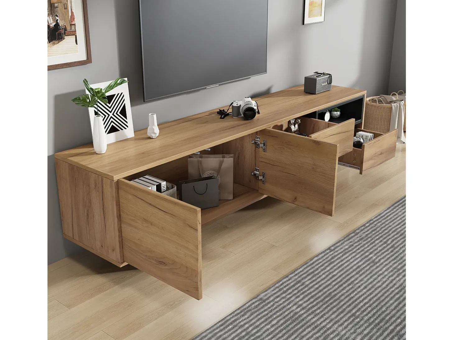 Móvel TV com 2 portas e 2 gavetas - 173 x 38 x 48 cm - Aglomerado - para sala de jantar - Cor madeira