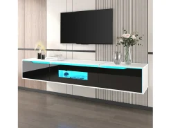Móvel TV com 3 portas e LED, móvel TV de parede, lacado branco e preto