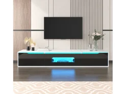 Móvel TV com 3 portas e LED, móvel TV de parede, lacado branco e preto