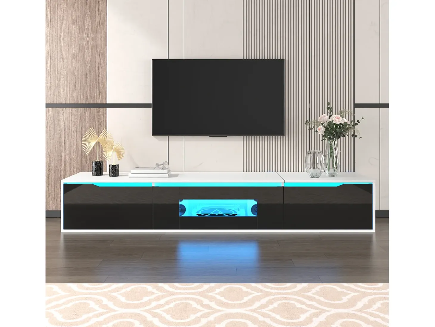 Móvel TV com 3 portas e LED, móvel TV de parede, lacado branco e preto