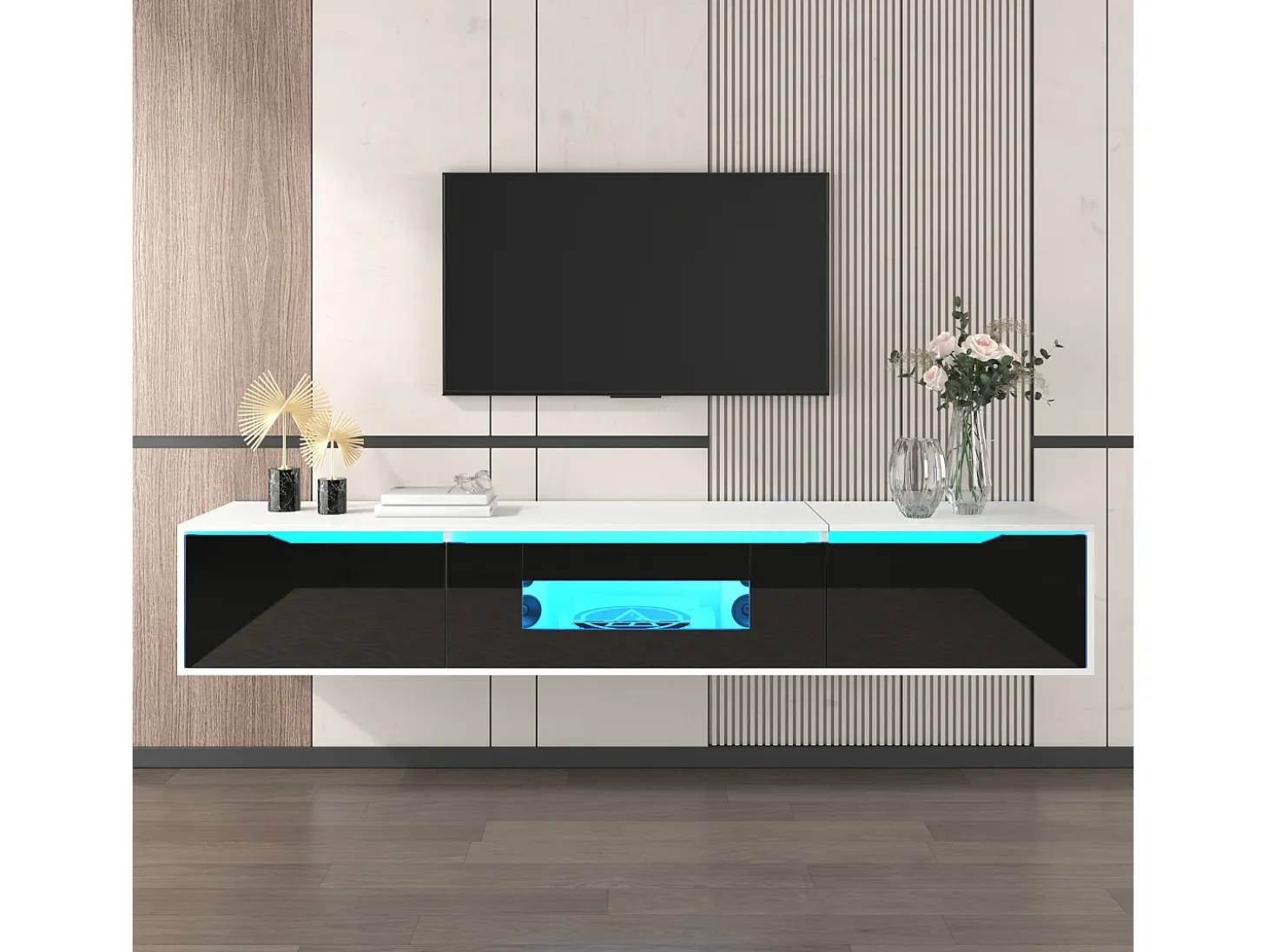 Móvel TV com 3 portas e LED, móvel TV de parede, lacado branco e preto