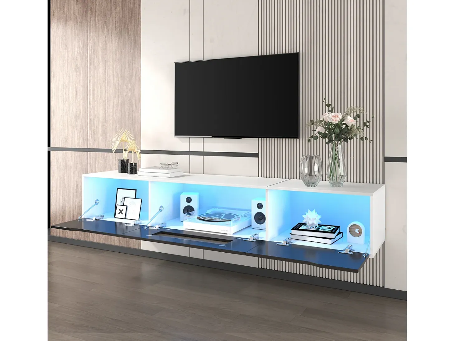 Móvel TV com 3 portas e LED, móvel TV de parede, lacado branco e preto
