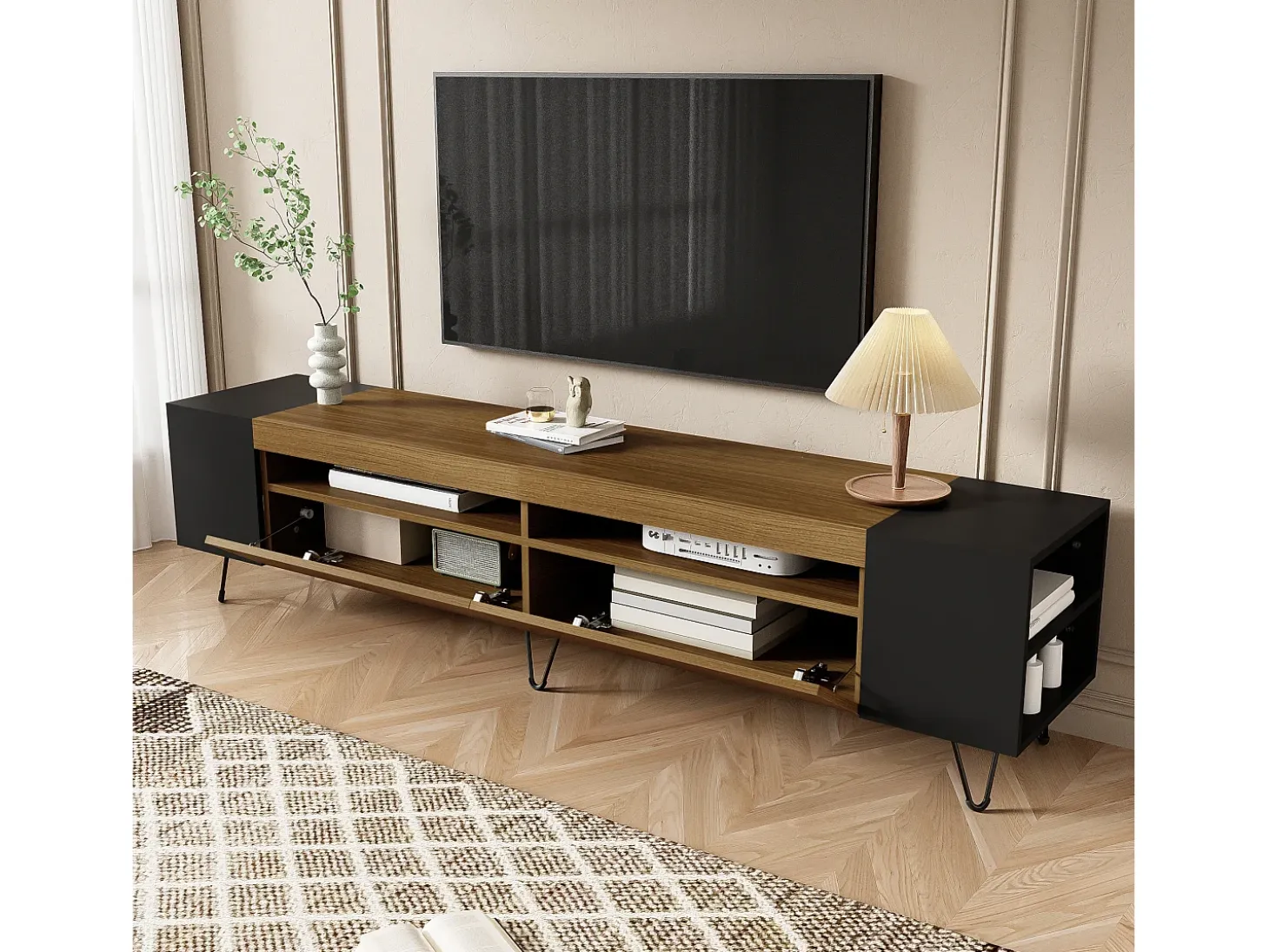Móvel TV com 2 portas e nichos laterais - 180 x 36 x 43 cm - LEDs - MDF e aglomerado - Preto + natural