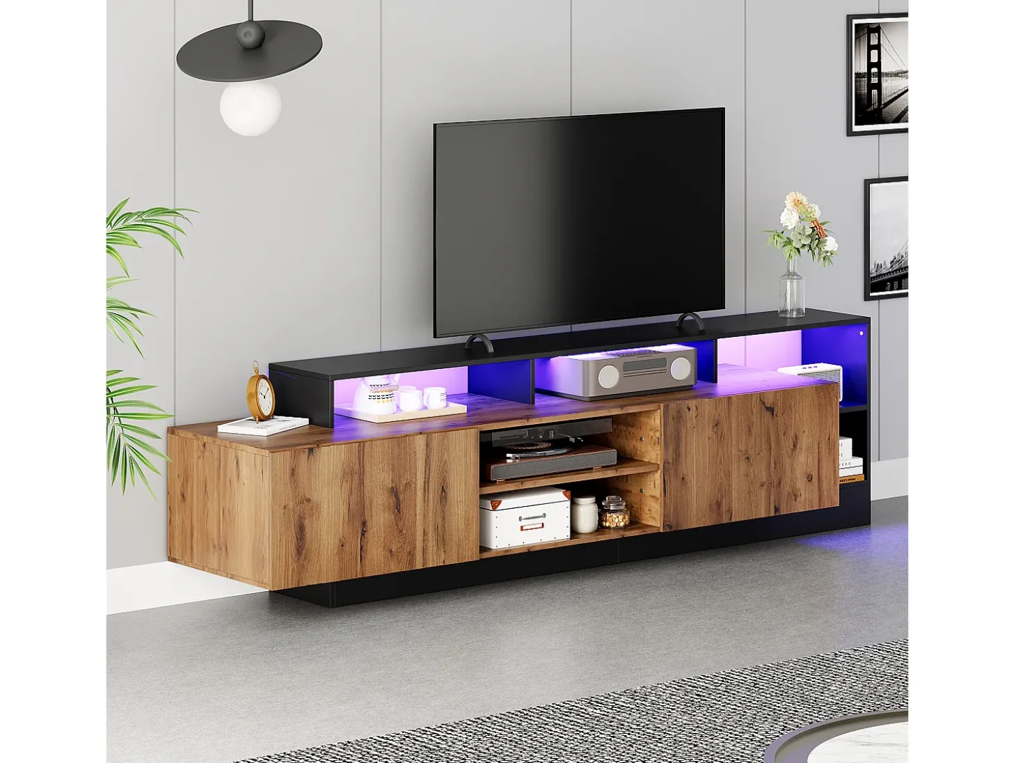 Móvel TV com 2 portas e prateleiras - 190 x 40 x 48,5 cm - LEDs - Aglomerado - Carvalho e preto