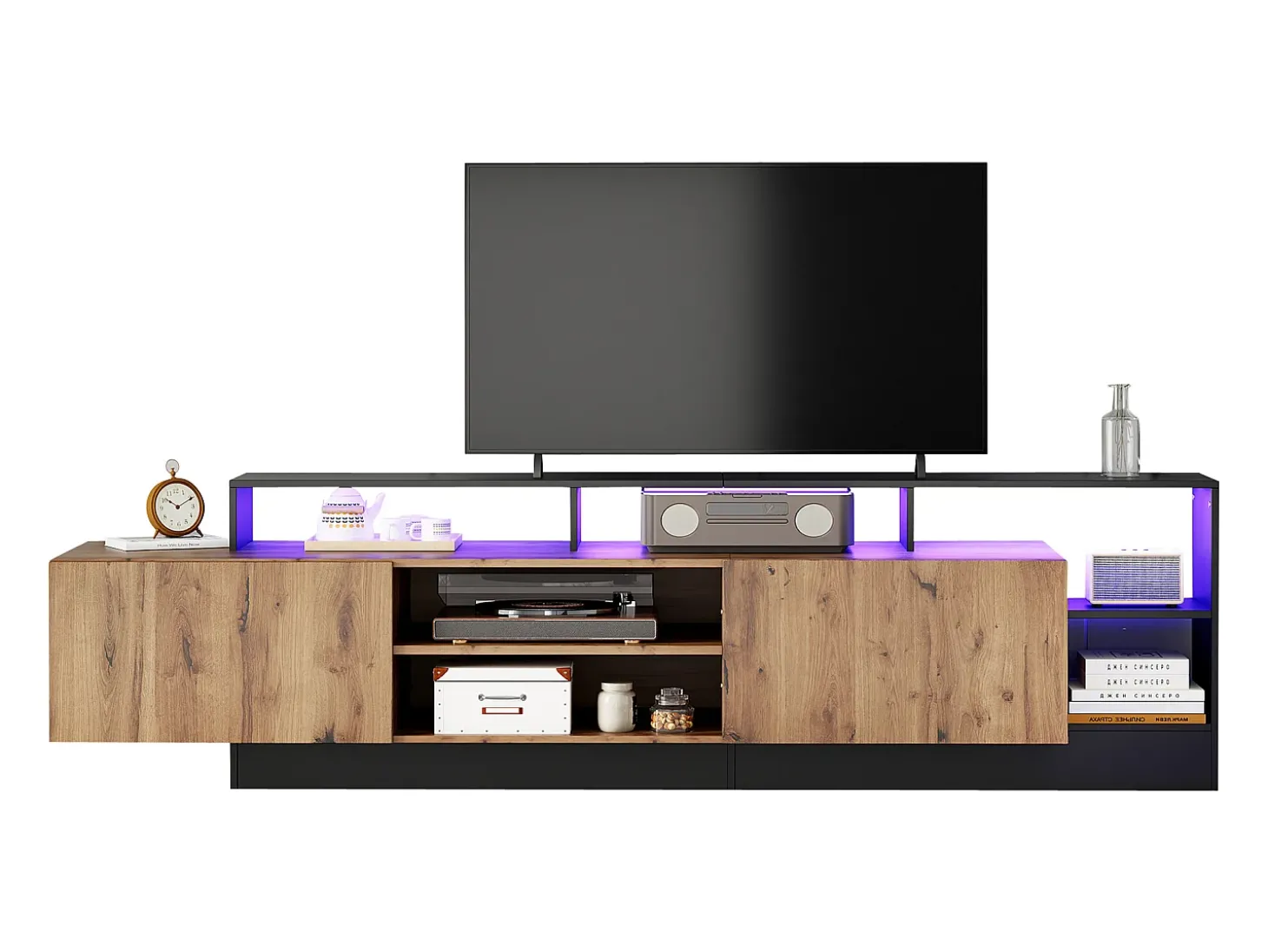 Móvel TV com 2 portas e prateleiras - 190 x 40 x 48,5 cm - LEDs - Aglomerado - Carvalho e preto