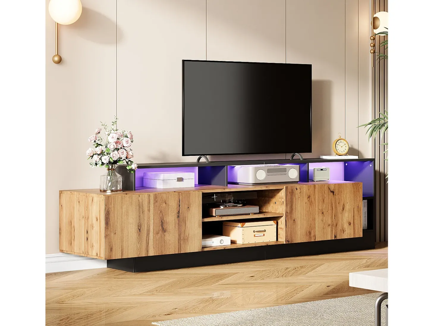 Móvel TV com 2 portas e prateleiras - 190 x 40 x 48,5 cm - LEDs - Aglomerado - Carvalho e preto