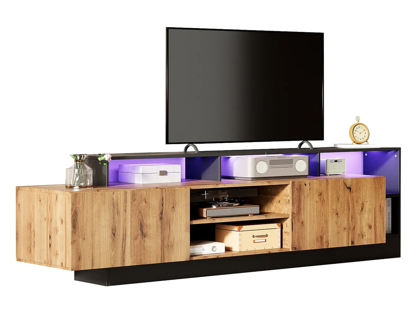Móvel TV com 2 portas e prateleiras - 190 x 40 x 48,5 cm - LEDs - Aglomerado - Carvalho e preto
