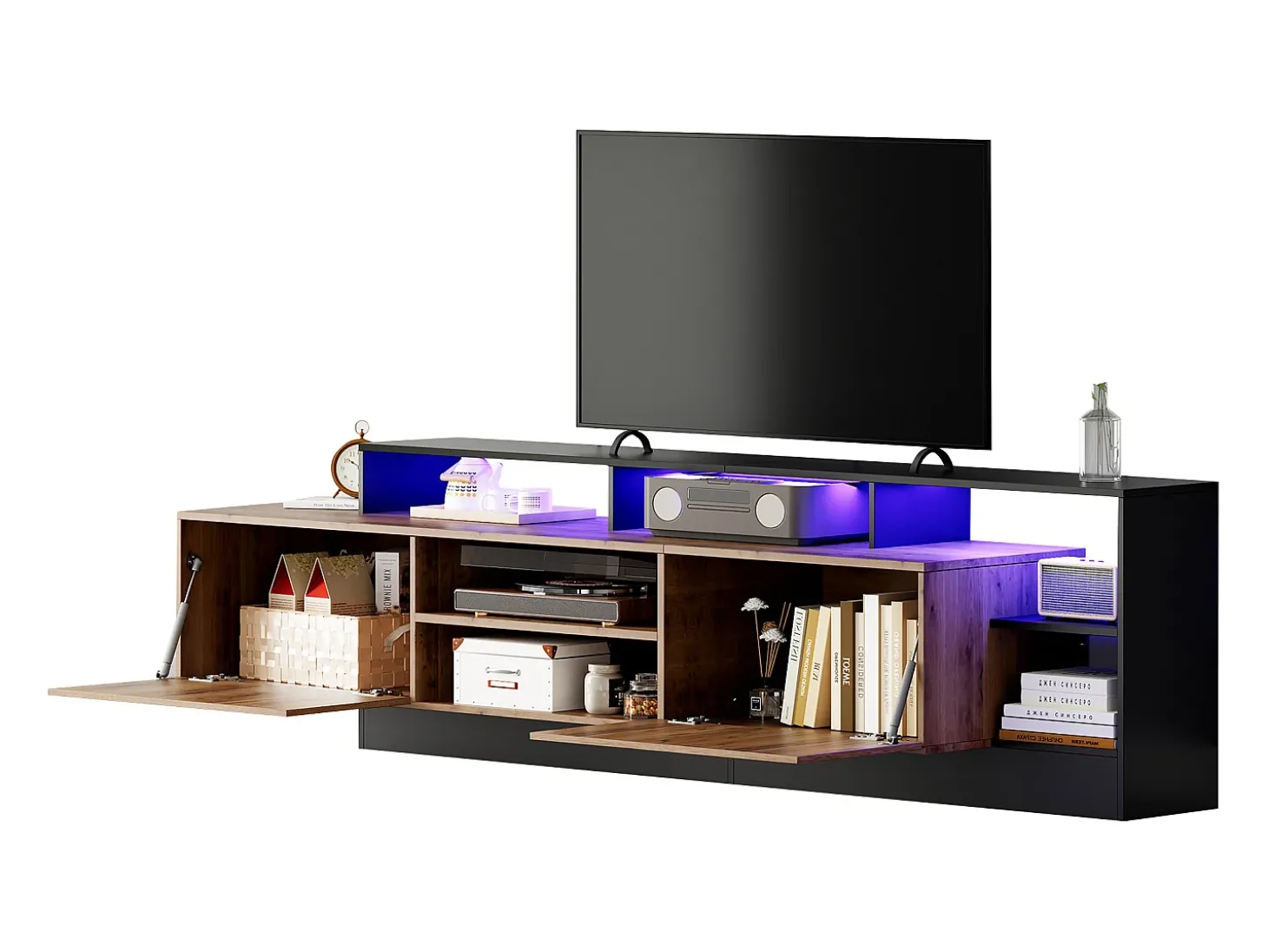 Móvel TV com 2 portas e prateleiras - 190 x 40 x 48,5 cm - LEDs - Aglomerado - Carvalho e preto