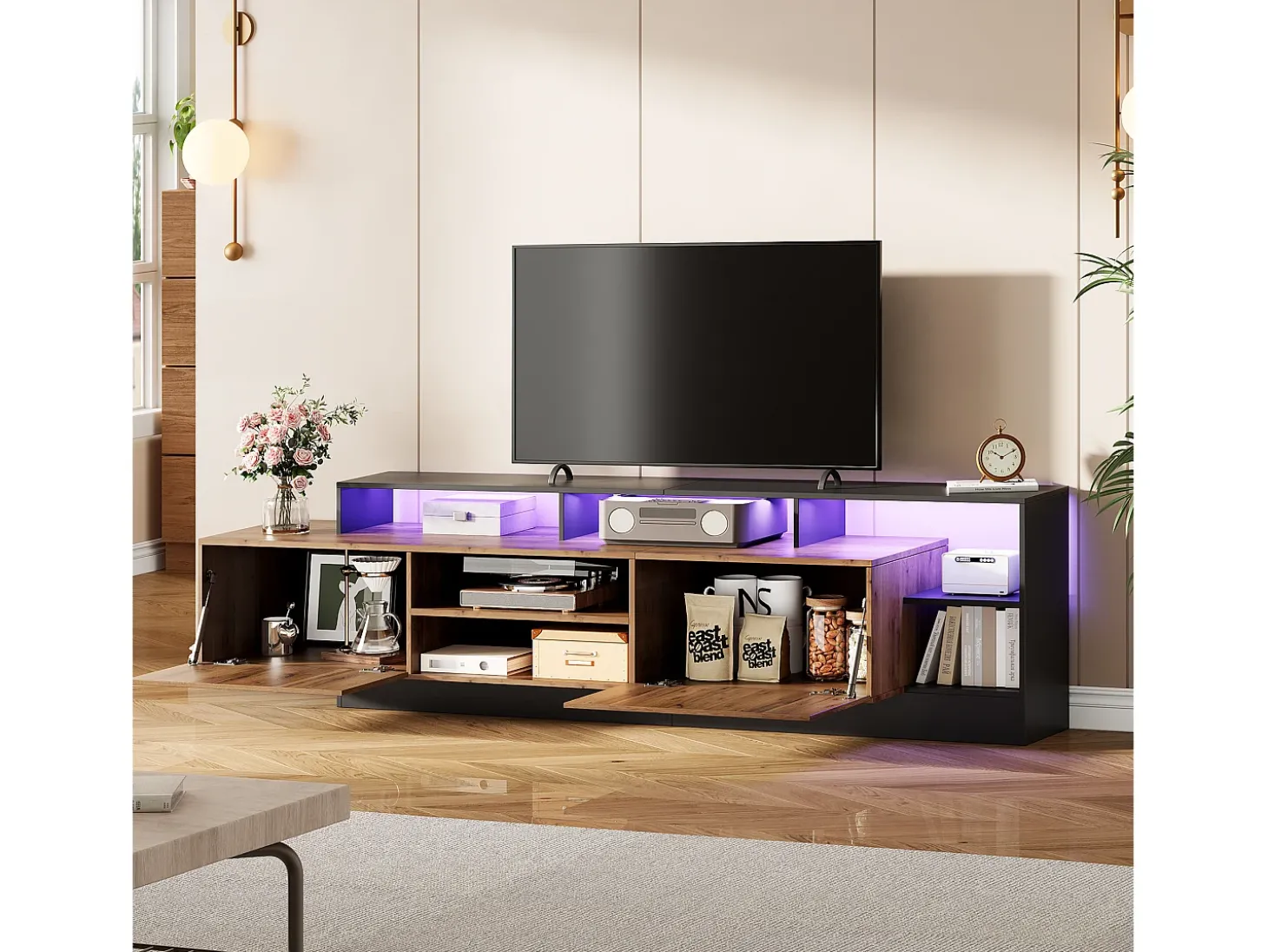 Móvel TV com 2 portas e prateleiras - 190 x 40 x 48,5 cm - LEDs - Aglomerado - Carvalho e preto